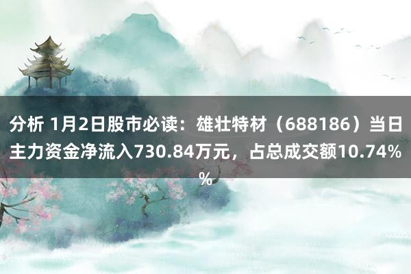 分析 1月2日股市必读：雄壮特材（688186）当日主力资金净流入730.84万元，占总成交额10.74%