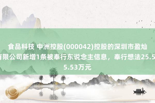 食品科技 中洲控股(000042)控股的深圳市盈灿成立有限公司新增1条被奉行东说念主信息，奉行想法25.53万元