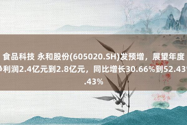 食品科技 永和股份(605020.SH)发预增，展望年度净利润2.4亿元到2.8亿元，同比增长30.66%到52.43%